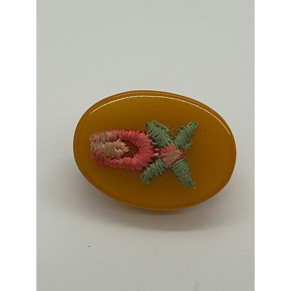 Bakelite Clip-On Earrings Butterscotch Pink & Green Embroidered Floral Vintage - Picture 9 of 16